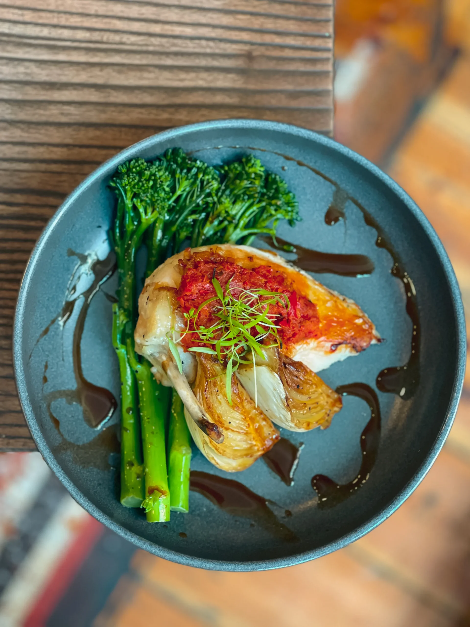 Image of Chilli Pesto Chicken // grilled broccolini, caramelised fennel, red wine reduction (gf)