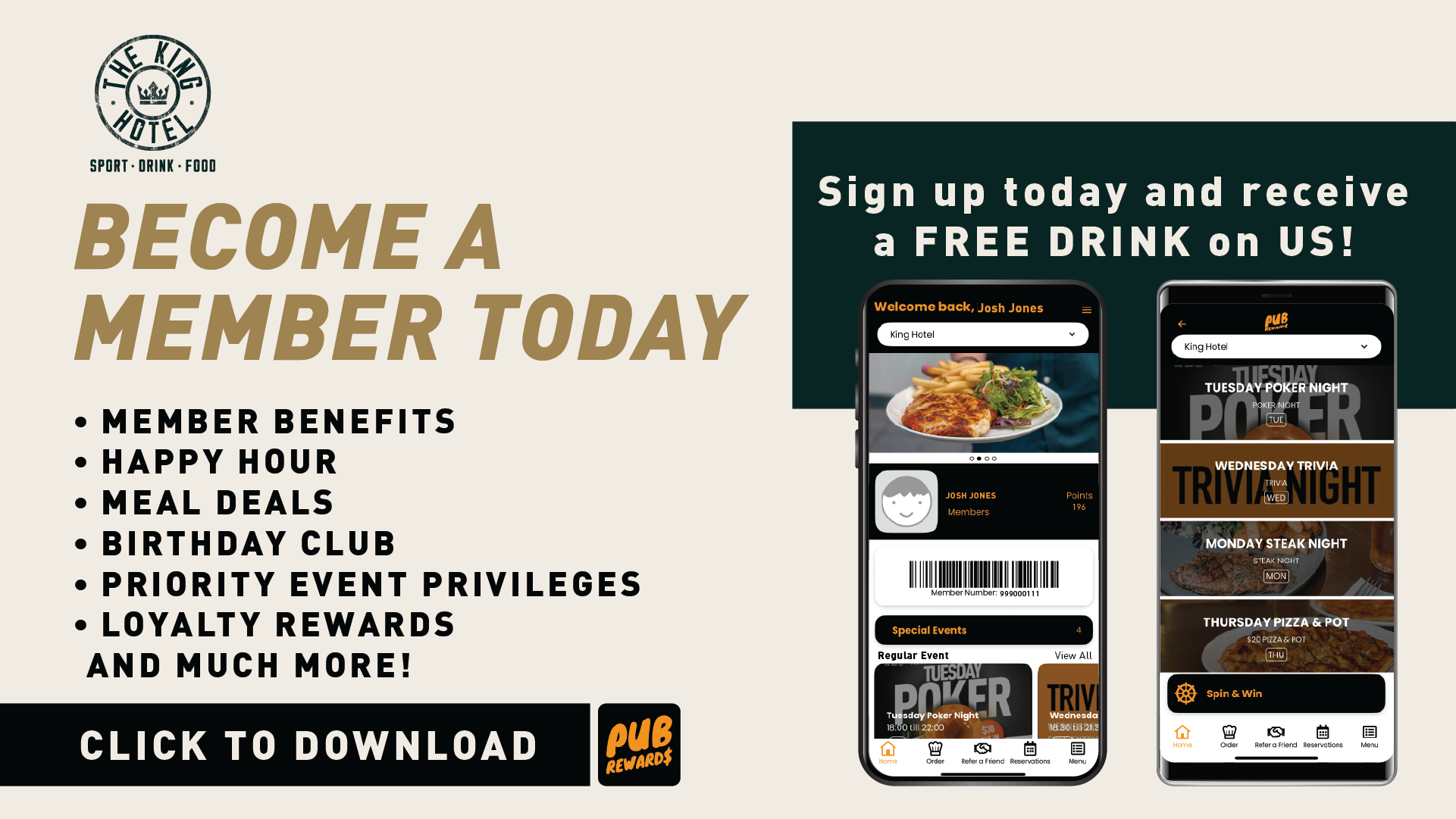 Pub Rewards loyalty program at The King Hotel with member-only offers and venue rewards