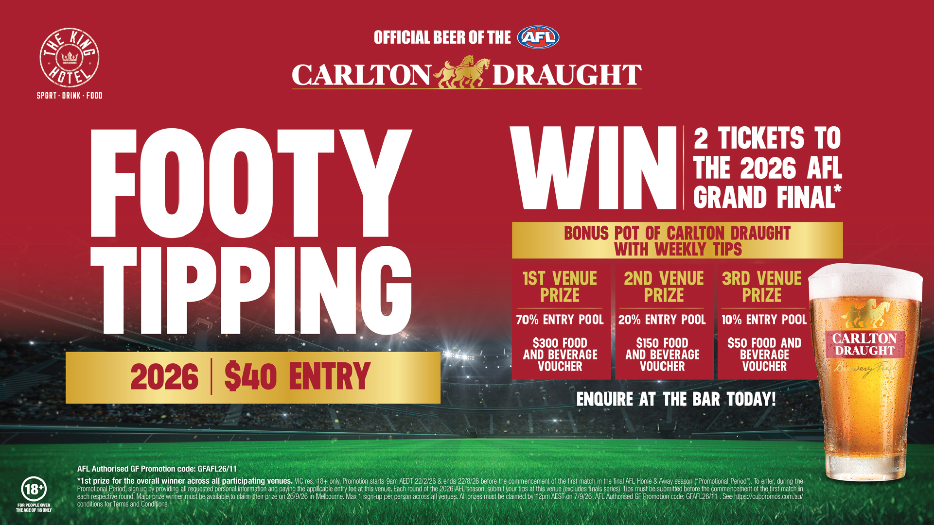 Footy tipping with free pot of beer with weekly tips at The King Hotel