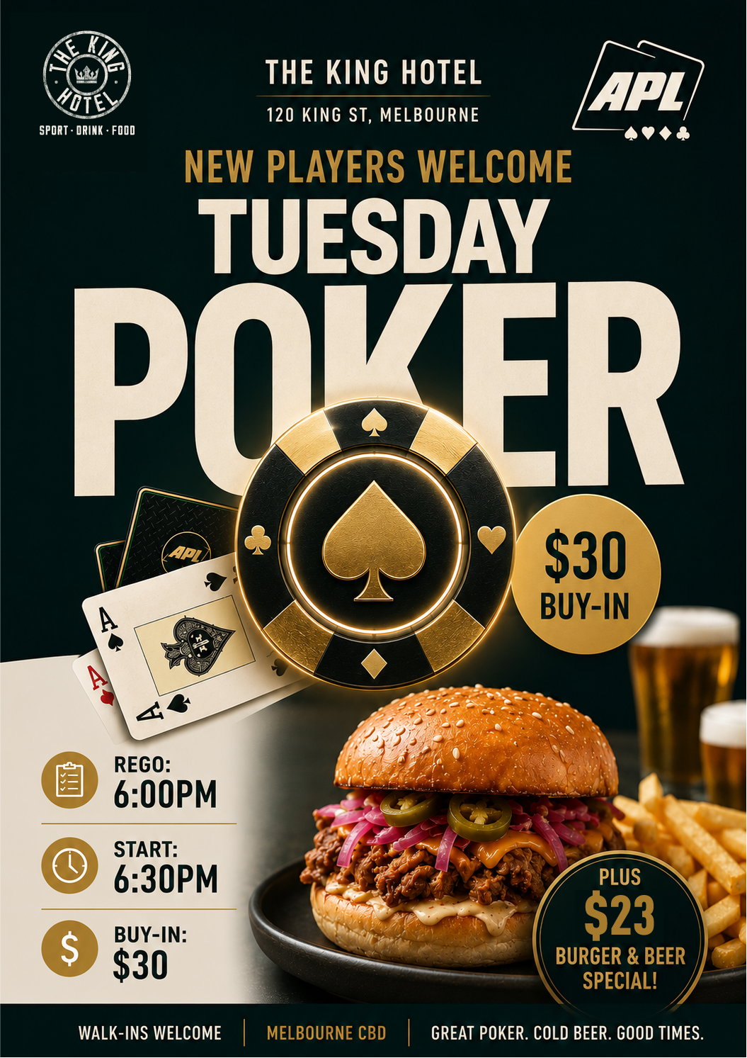 Tuesday Poker Night at The King Hotel $23 Burger
