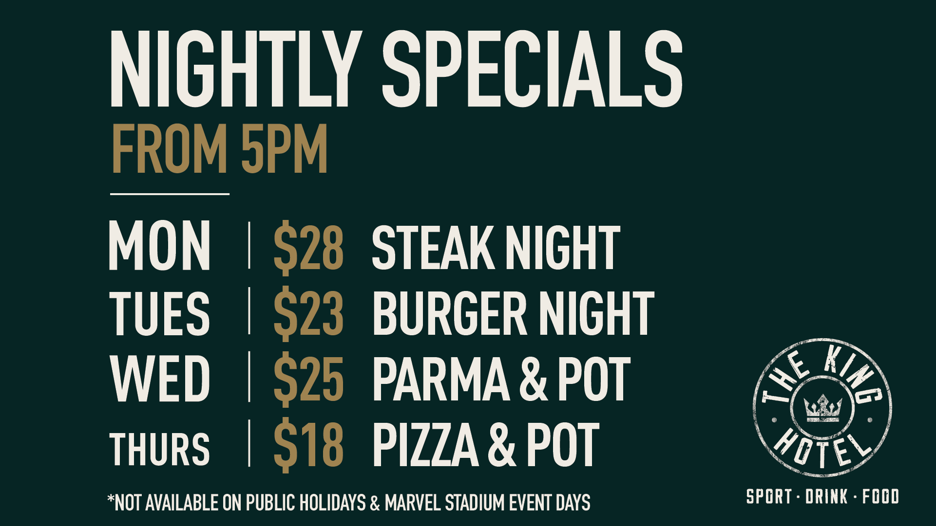Nightly food specials at The King Hotel in Melbourne CBD