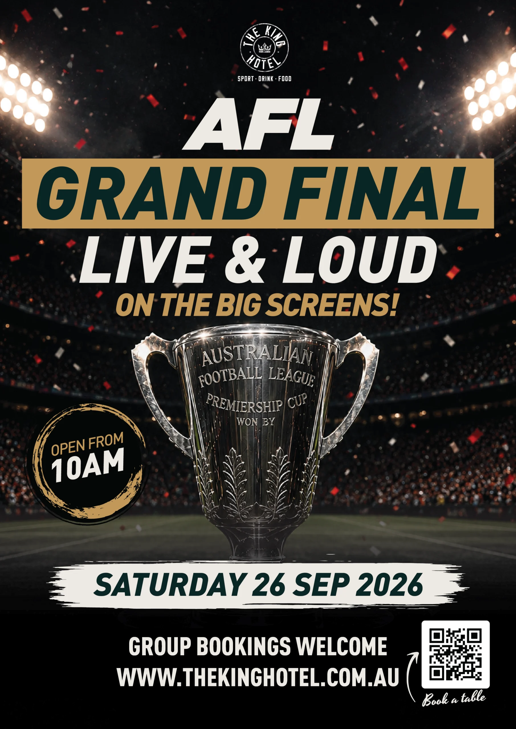 AFL Grand Final 2026 live and loud at The King Hotel Melbourne CBD, Saturday 26 September from 10am, with big screens, pub food and cold beers.